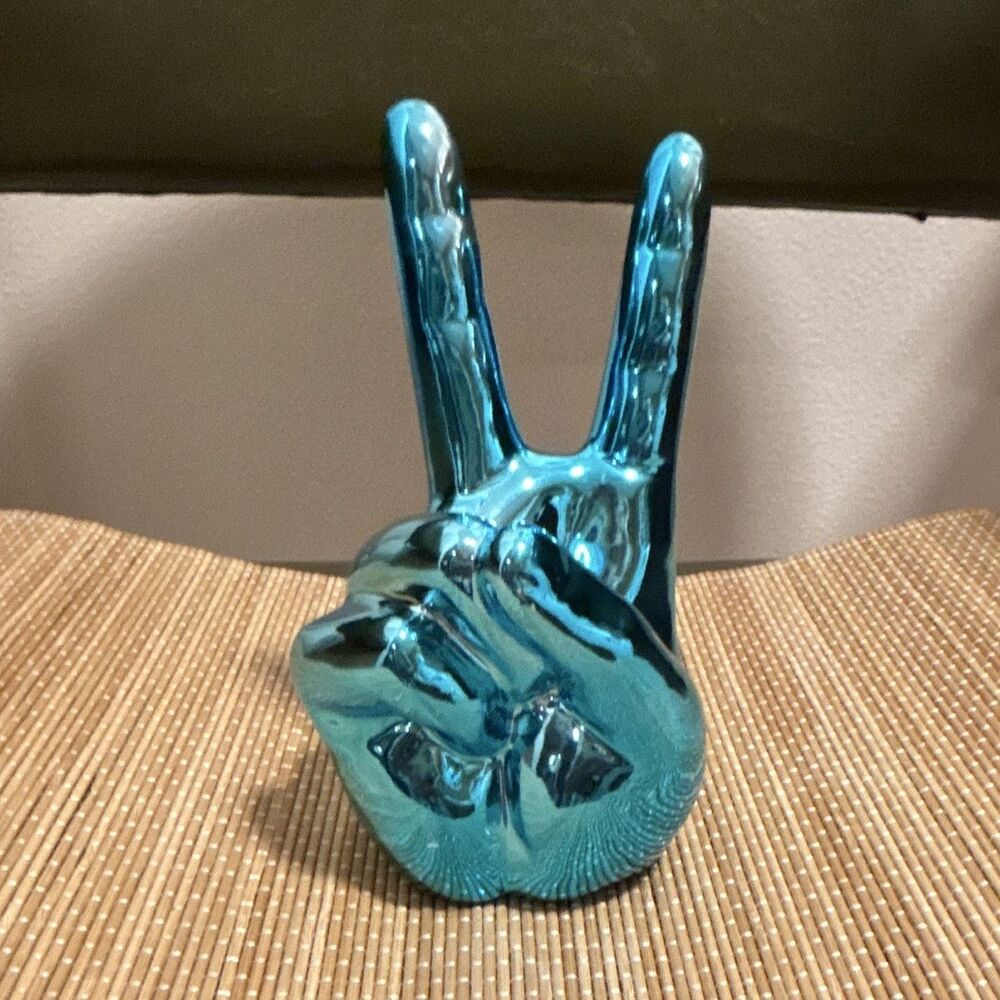 Blue Glossy Ceramic Hand Peace Sign Figurine 7in with 3D Effect